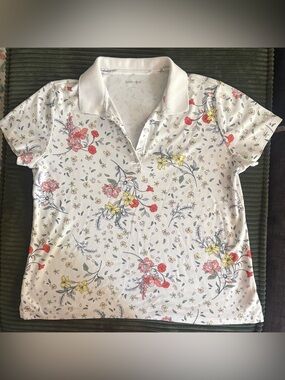 Sz M Petite Lands' End White Multi Field Floral Supima Cotton Polo Shirt